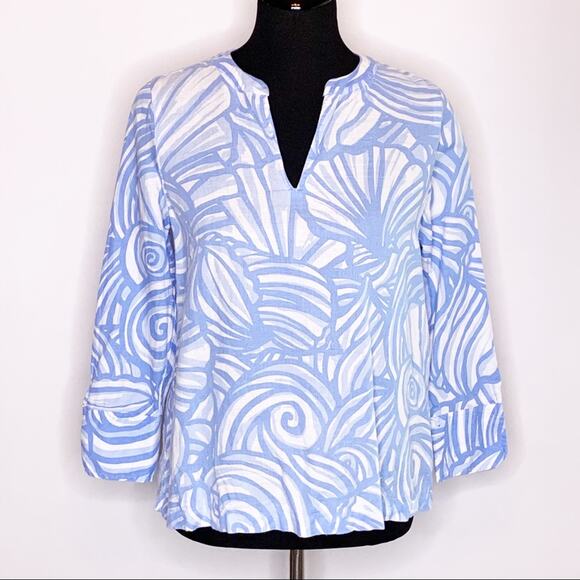 Vineyard Vines blue white seashell linen blend popover top size XS - Picture 1 of 10